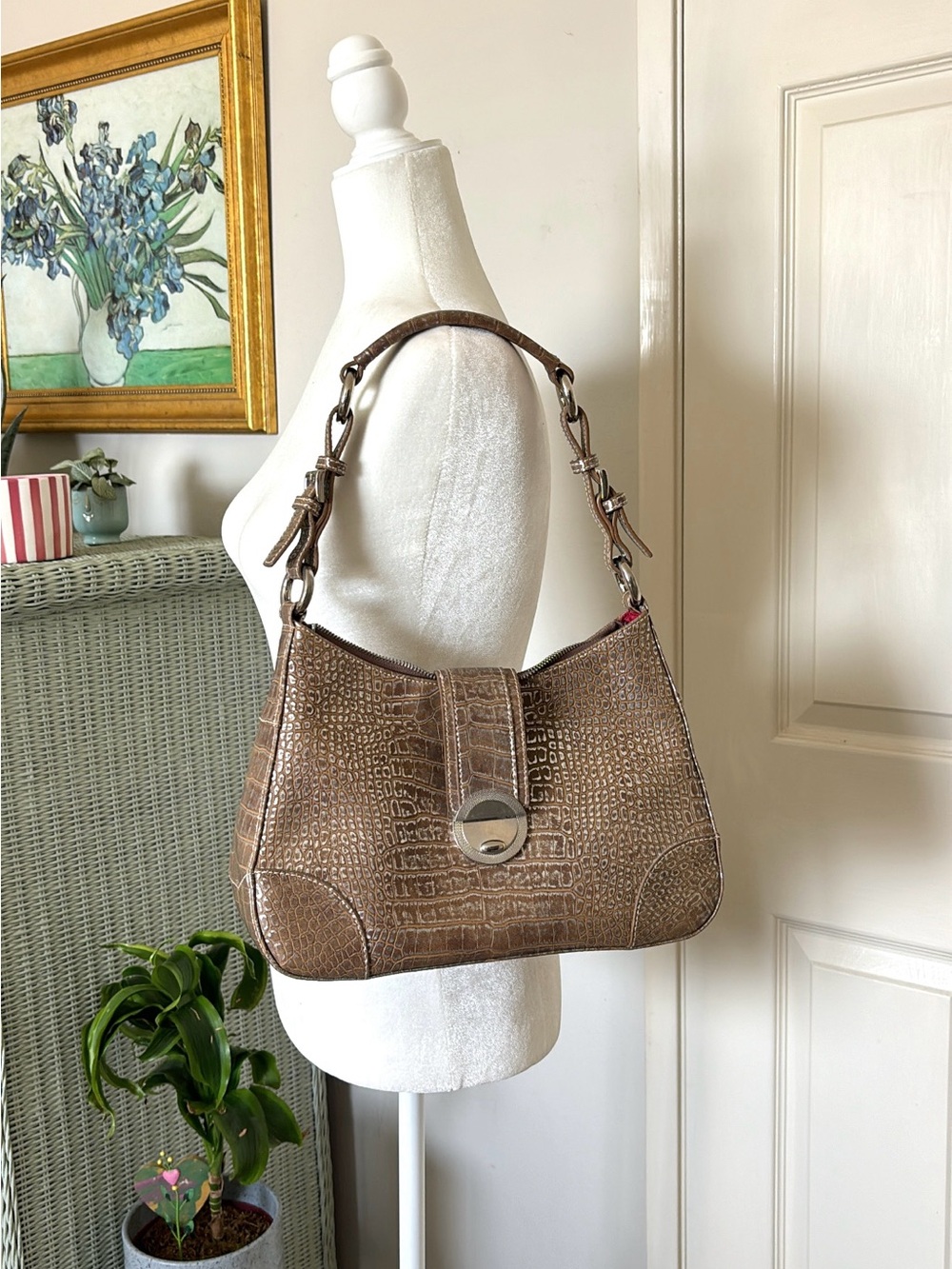 Textured Brown Croc-Embossed Shoulder Bag